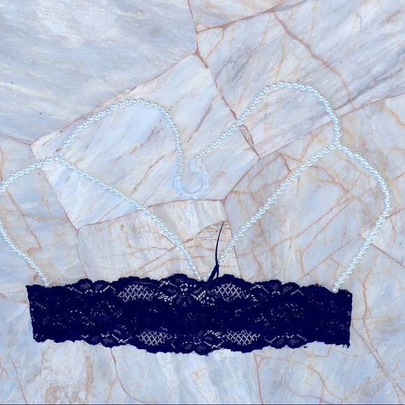 Rene Rofe  Pearl Necklace Bra Small/Medium Black Lace  White Pearl - Picture 2 of 9